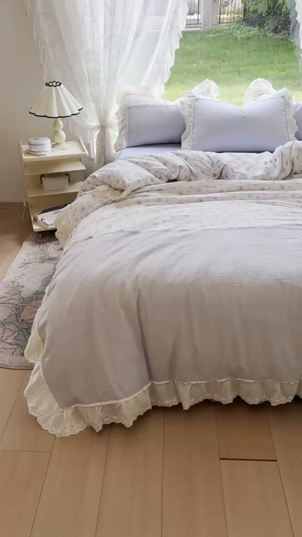 91家纺网 家纺一手货源 找家纺 仟网汇 2025新款皱皱纱花边床裙四件套多功能夏被夏凉被空调被四件套四季通用 幽蓝