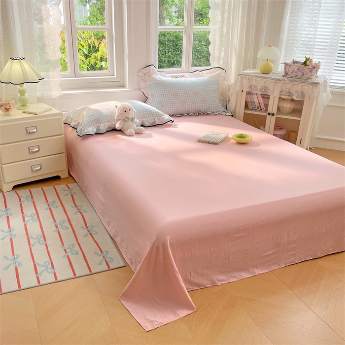 91家纺网 家纺一手货源 找家纺 梦舒羽 2025新款皱皱双层纱床单宿舍1.2m防尘床单 皱皱樱粉