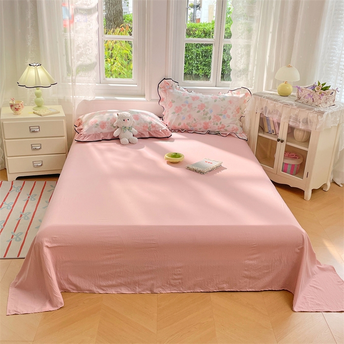 91家纺网 家纺一手货源 找家纺 梦舒羽 2025新款皱皱双层纱床单宿舍1.2m防尘床单 皱皱樱粉