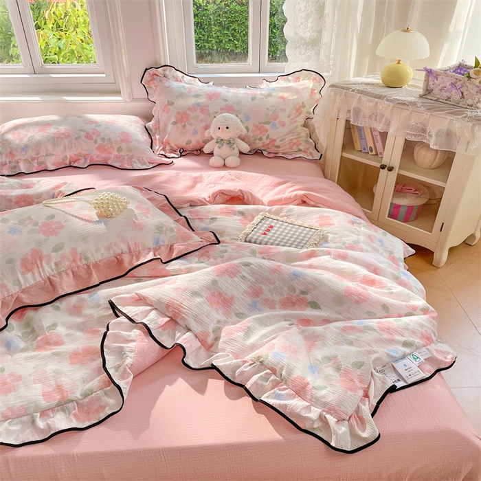 91家纺网 家纺一手货源 找家纺 （总）梦舒羽 2025新款皱皱双层纱花边夏被夏凉被三件套薄被芯宿舍空调被 四件套【含买家秀】