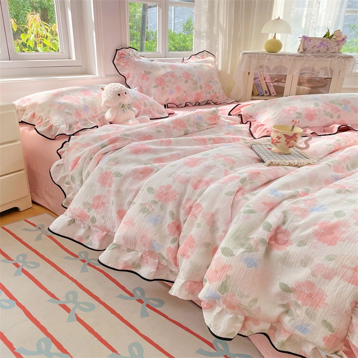 91家纺网 家纺一手货源 找家纺 （总）梦舒羽 2025新款皱皱双层纱花边夏被夏凉被三件套薄被芯宿舍空调被 四件套【含买家秀】