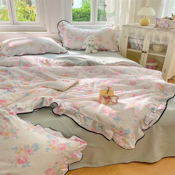梦舒羽 2025新款皱皱双层纱花边夏被夏凉被三件套薄被芯宿舍空调被 四件套 朝花夕拾