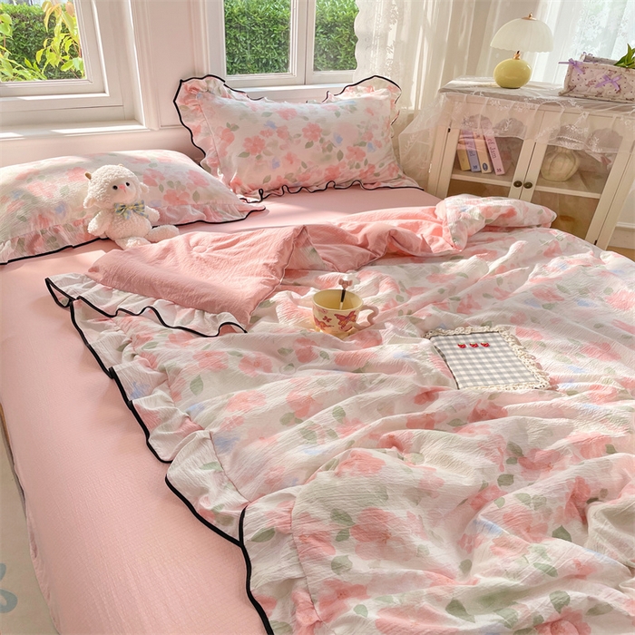 91家纺网 家纺一手货源 找家纺 （总）梦舒羽 2025新款皱皱双层纱花边夏被夏凉被三件套薄被芯宿舍空调被 四件套【含买家秀】