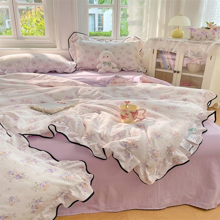 91家纺网 家纺一手货源 找家纺 （总）梦舒羽 2025新款皱皱双层纱花边夏被夏凉被三件套薄被芯宿舍空调被 四件套【含买家秀】