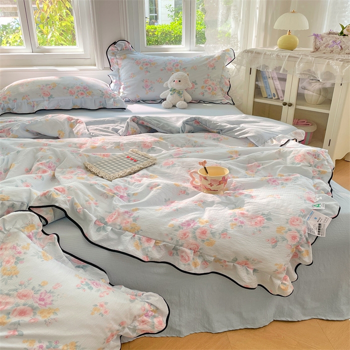 91家纺网 家纺一手货源 找家纺 （总）梦舒羽 2025新款皱皱双层纱花边夏被夏凉被三件套薄被芯宿舍空调被 四件套【含买家秀】