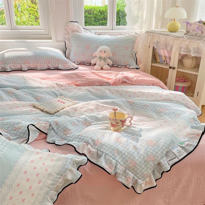 梦舒羽 2025新款皱皱双层纱花边夏被夏凉被三件套薄被芯宿舍空调被 四件套 浮生若梦