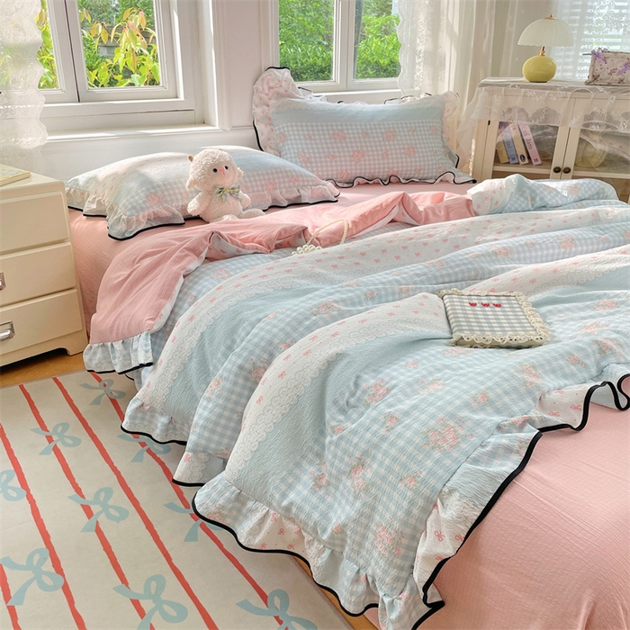 91家纺网 家纺一手货源 找家纺 梦舒羽 2025新款皱皱双层纱花边夏被夏凉被三件套薄被芯宿舍空调被 四件套 浮生若梦