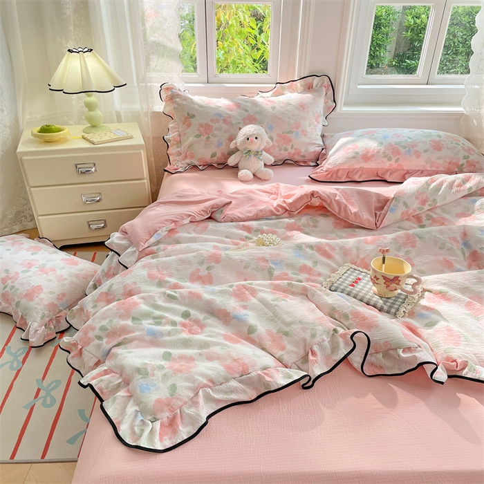 91家纺网 家纺一手货源 找家纺 （总）梦舒羽 2025新款皱皱双层纱花边夏被夏凉被三件套薄被芯宿舍空调被 四件套【含买家秀】