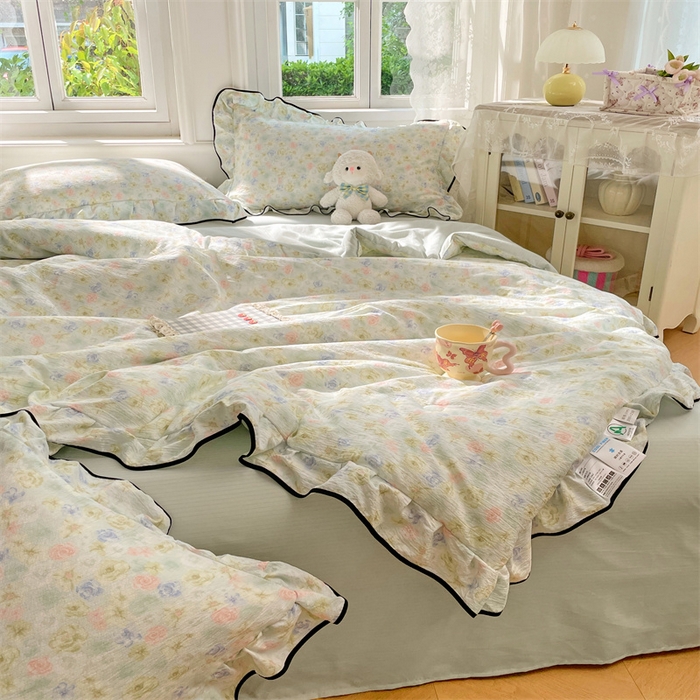 梦舒羽 2025新款皱皱双层纱花边夏被夏凉被三件套薄被芯宿舍空调被 四件套 春日初见