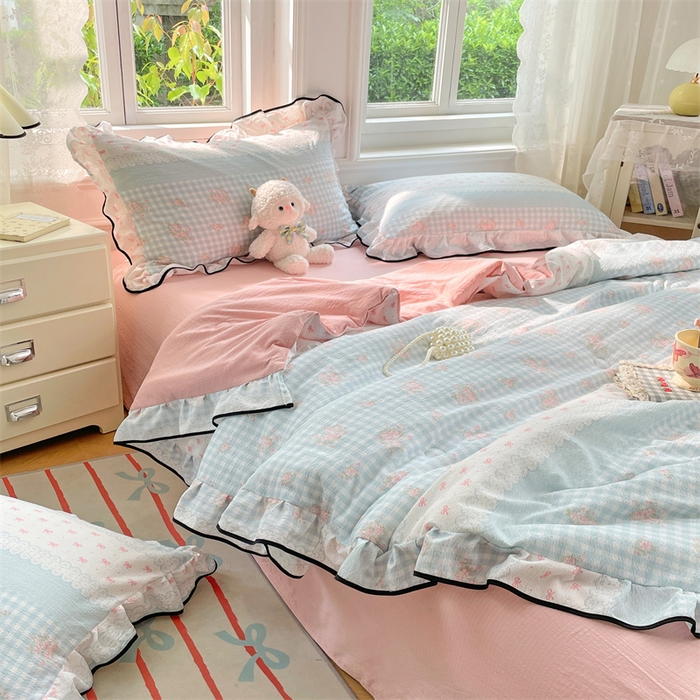 91家纺网 家纺一手货源 找家纺 梦舒羽 2025新款皱皱双层纱花边夏被夏凉被三件套薄被芯宿舍空调被 四件套 浮生若梦