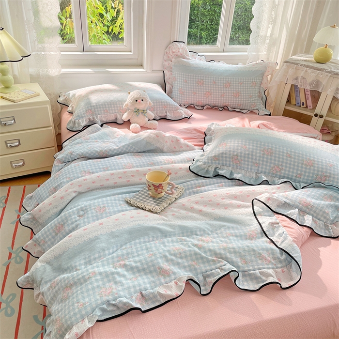 91家纺网 家纺一手货源 找家纺 梦舒羽 2025新款皱皱双层纱花边夏被夏凉被三件套薄被芯宿舍空调被 四件套 浮生若梦