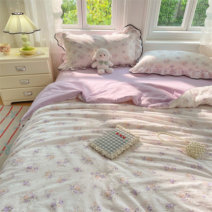 91家纺网 家纺一手货源 找家纺 梦舒羽 2025新款皱皱双层纱花边夏被夏凉被三件套薄被芯宿舍空调被 四件套 紫薇花园