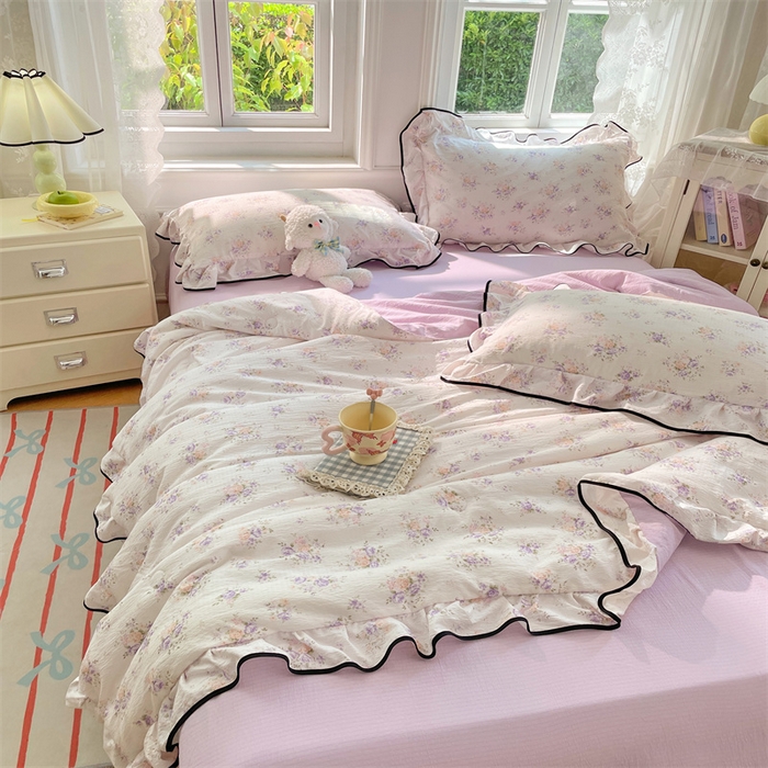 91家纺网 家纺一手货源 找家纺 梦舒羽 2025新款皱皱双层纱花边夏被夏凉被三件套薄被芯宿舍空调被 四件套 紫薇花园