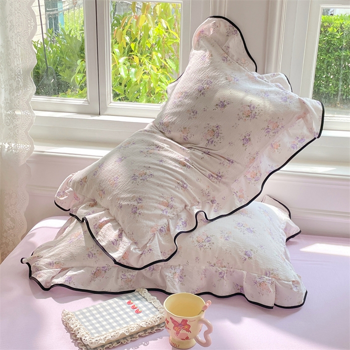 91家纺网 家纺一手货源 找家纺 梦舒羽 2025新款皱皱双层纱花边夏被夏凉被三件套薄被芯宿舍空调被 四件套 紫薇花园