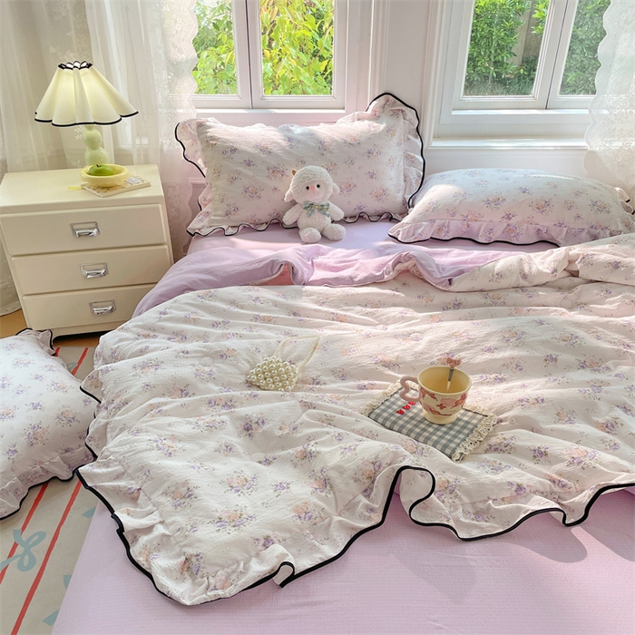 91家纺网 家纺一手货源 找家纺 梦舒羽 2025新款皱皱双层纱花边夏被夏凉被三件套薄被芯宿舍空调被 四件套 紫薇花园