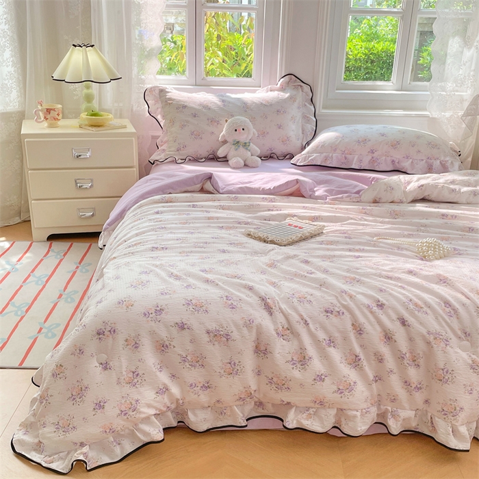 91家纺网 家纺一手货源 找家纺 梦舒羽 2025新款皱皱双层纱花边夏被夏凉被三件套薄被芯宿舍空调被 四件套 紫薇花园