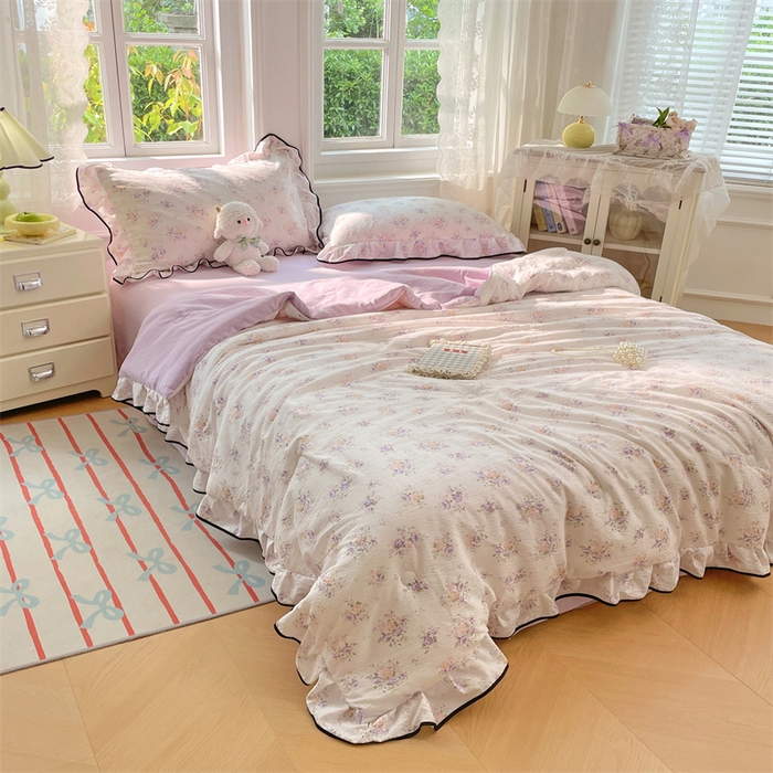 91家纺网 家纺一手货源 找家纺 梦舒羽 2025新款皱皱双层纱花边夏被夏凉被三件套薄被芯宿舍空调被 四件套 紫薇花园