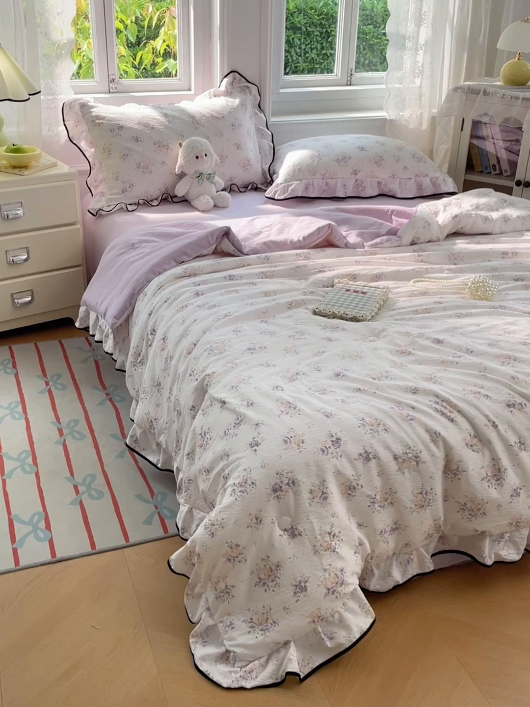 91家纺网 家纺一手货源 找家纺 梦舒羽 2025新款皱皱双层纱花边夏被夏凉被三件套薄被芯宿舍空调被 四件套 紫薇花园