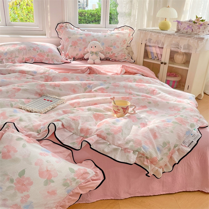 梦舒羽 2025新款皱皱双层纱花边夏被夏凉被三件套薄被芯宿舍空调被 四件套 倾城之恋