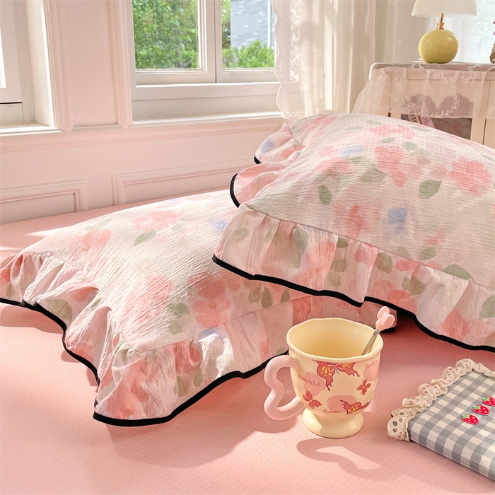 91家纺网 家纺一手货源 找家纺 梦舒羽 2025新款皱皱双层纱花边枕套宿舍情侣枕芯套单人枕头套 倾城之恋