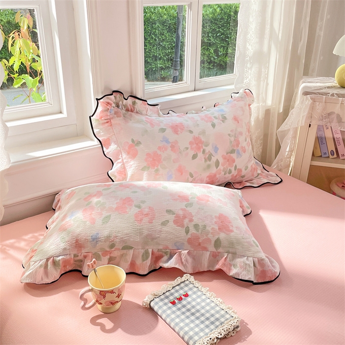 91家纺网 家纺一手货源 找家纺 （总）梦舒羽 2025新款皱皱双层纱花边枕套宿舍情侣枕芯套单人枕头套【含买家秀】