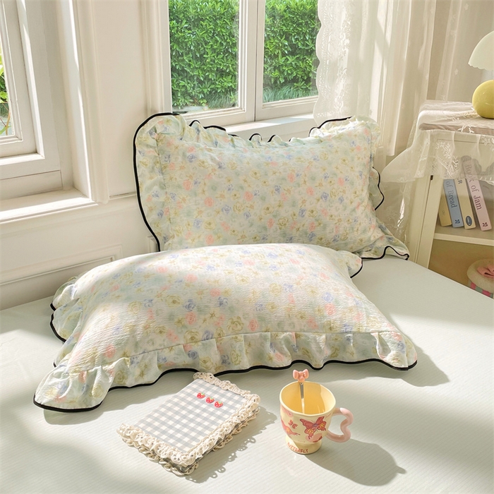 梦舒羽 2025新款皱皱双层纱花边枕套宿舍情侣枕芯套单人枕头套 春日初见