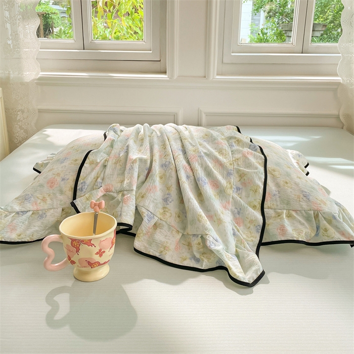 91家纺网 家纺一手货源 找家纺 梦舒羽 2025新款皱皱双层纱花边枕套宿舍情侣枕芯套单人枕头套 春日初见