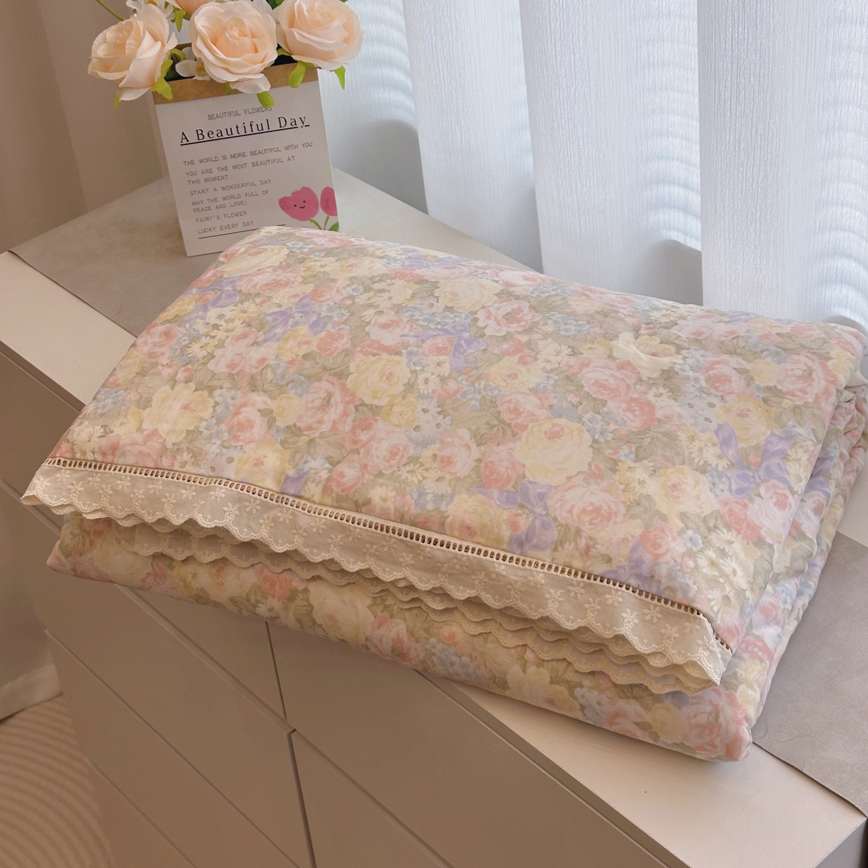 黛馨 2025春夏新款全棉纯棉A类双层纱工艺款夏被夏凉被空调被四件套蕾丝款 半岛红茶