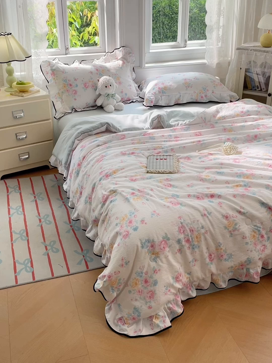 91家纺网 家纺一手货源 找家纺 梦舒羽 2025新款皱皱双层纱花边枕套宿舍情侣枕芯套单人枕头套 朝花夕拾