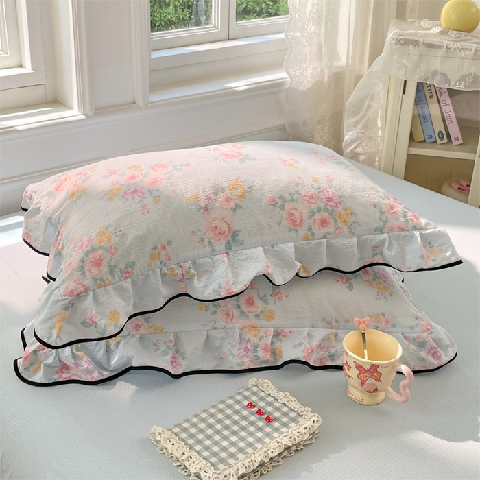 91家纺网 家纺一手货源 找家纺 梦舒羽 2025新款皱皱双层纱花边枕套宿舍情侣枕芯套单人枕头套 繁花入梦