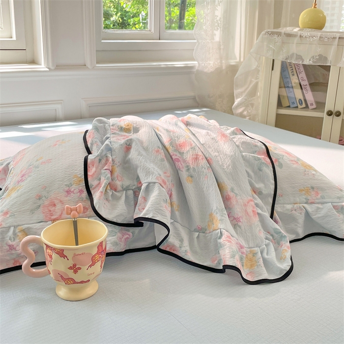 91家纺网 家纺一手货源 找家纺 梦舒羽 2025新款皱皱双层纱花边枕套宿舍情侣枕芯套单人枕头套 繁花入梦