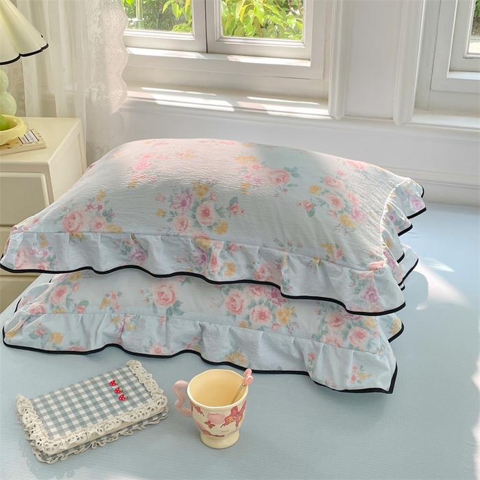 91家纺网 家纺一手货源 找家纺 梦舒羽 2025新款皱皱双层纱花边枕套宿舍情侣枕芯套单人枕头套 繁花入梦