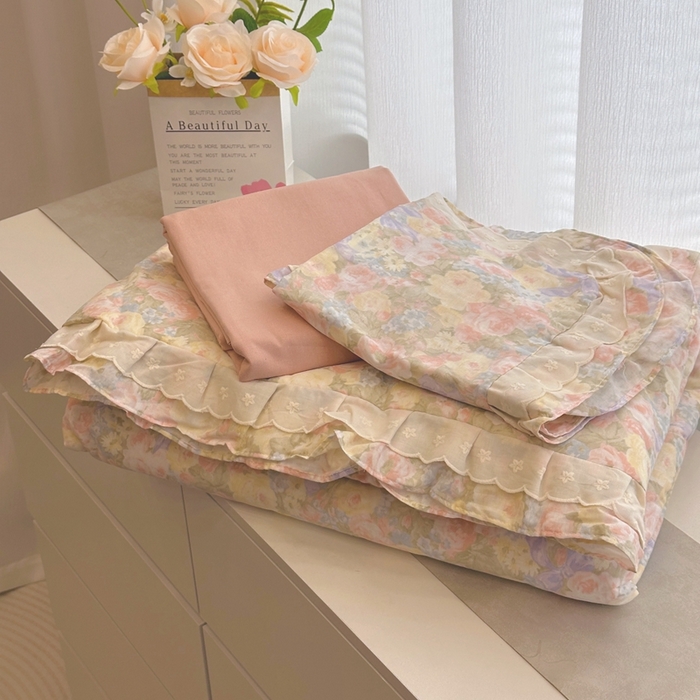 黛馨 2025春夏新款全棉纯棉A类双层纱工艺款夏被夏凉被空调被四件套双花边款 半岛红茶