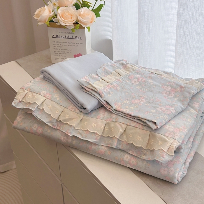 黛馨 2025春夏新款全棉纯棉A类双层纱工艺款夏被夏凉被空调被四件套双花边款 蓝风铃