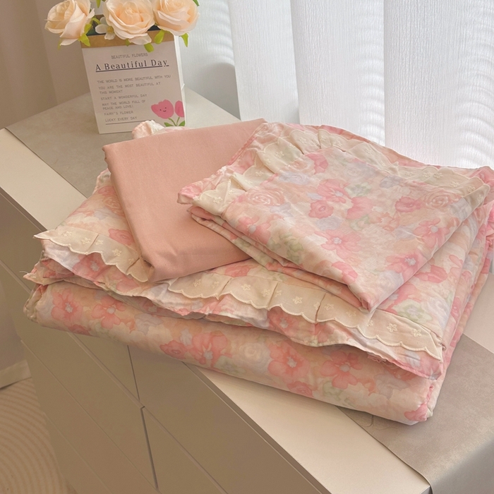 黛馨 2025春夏新款全棉纯棉A类双层纱工艺款夏被夏凉被空调被四件套双花边款 梨泰院