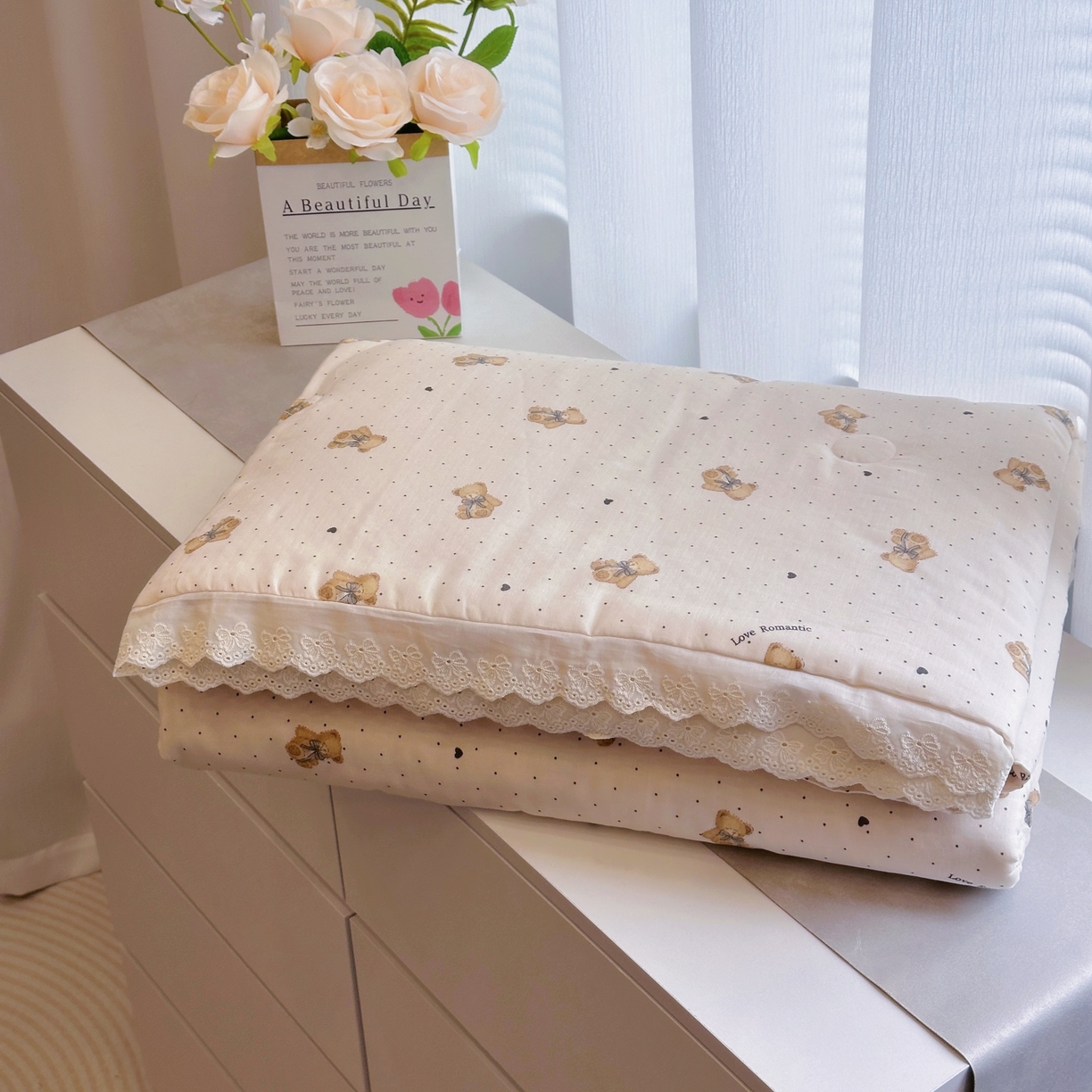 黛馨 2025春夏新款全棉纯棉A类双层纱工艺款夏被夏凉被空调被四件套蕾丝款 点点熊