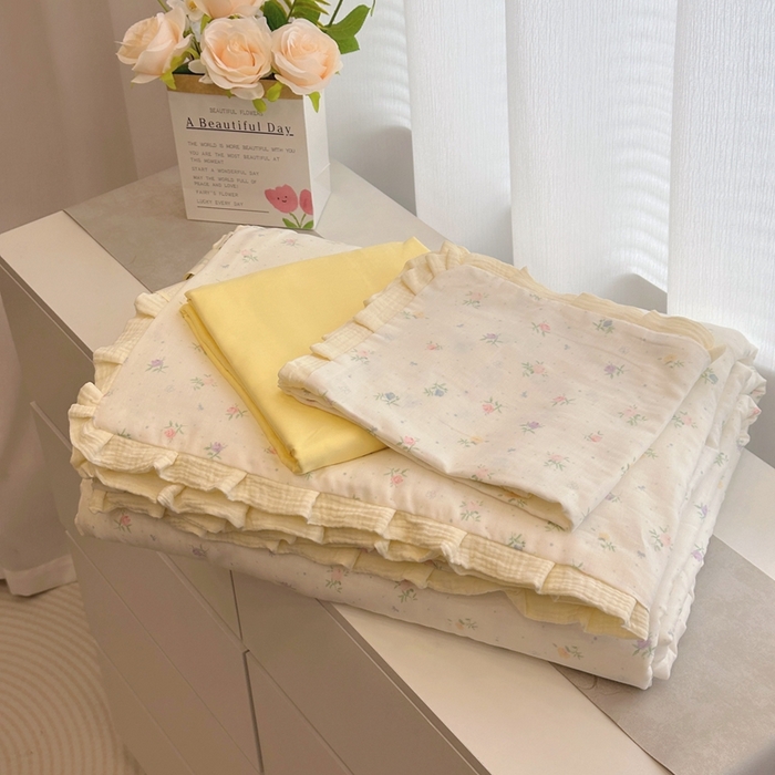 91家纺网 家纺一手货源 找家纺 黛馨 2025春夏新款全棉纯棉A类双层纱工艺款夏被夏凉被空调被四件套皱皱边款 薄荷初夏