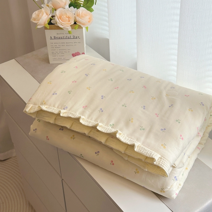 黛馨 2025春夏新款全棉纯棉A类双层纱工艺款夏被夏凉被空调被四件套皱皱边款 奶油樱桃