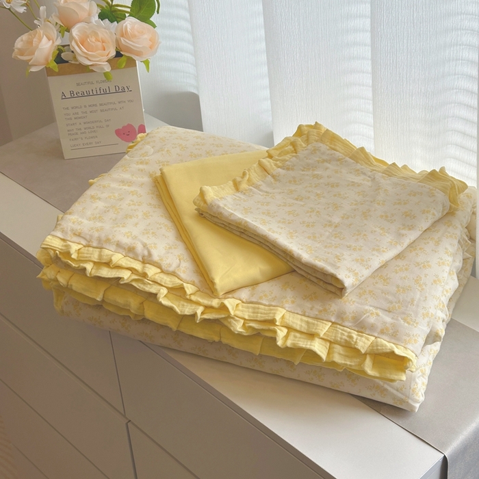 91家纺网 家纺一手货源 找家纺 黛馨 2025春夏新款全棉纯棉A类双层纱工艺款夏被夏凉被空调被四件套皱皱边款 晴天