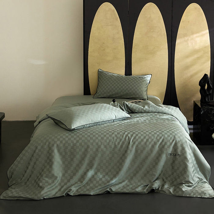 群鹿蚕丝羽绒馆 2025新款天丝棉提花银线刺绣嵌条麻绳工艺-铂金简奢款四件套 铂金简奢-清禾梦华绿