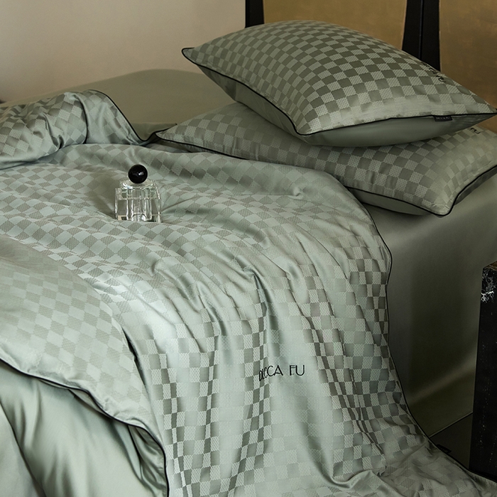 91家纺网 家纺一手货源 找家纺 群鹿蚕丝羽绒馆 2025新款天丝棉提花银线刺绣嵌条麻绳工艺-铂金简奢款四件套 铂金简奢-清禾梦华绿