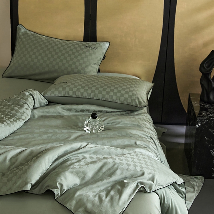 91家纺网 家纺一手货源 找家纺 群鹿蚕丝羽绒馆 2025新款天丝棉提花银线刺绣嵌条麻绳工艺-铂金简奢款四件套 铂金简奢-清禾梦华绿