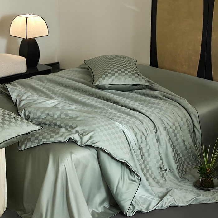 91家纺网 家纺一手货源 找家纺 群鹿蚕丝羽绒馆 2025新款天丝棉提花银线刺绣嵌条麻绳工艺-铂金简奢款四件套 铂金简奢-清禾梦华绿