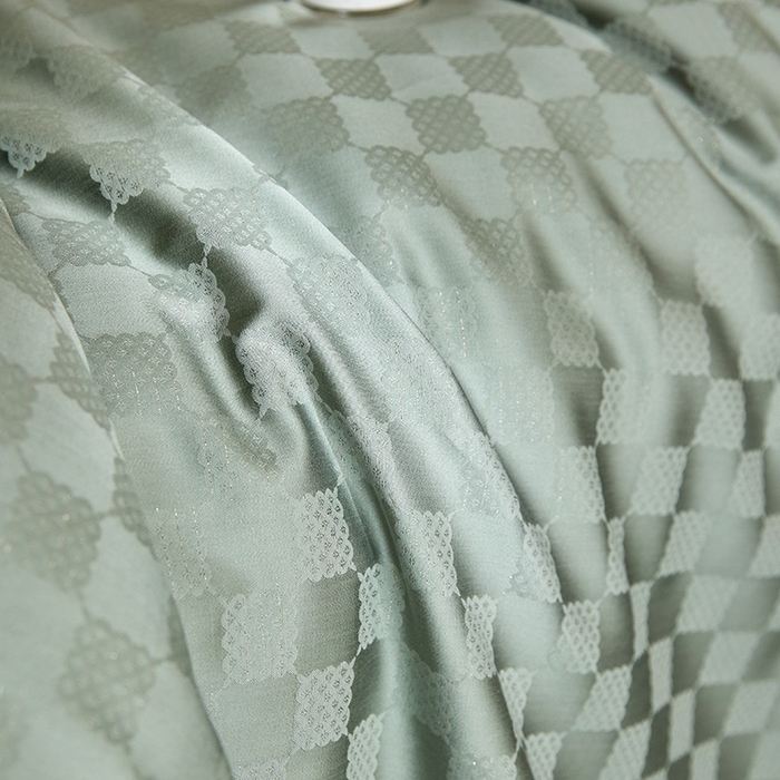 91家纺网 家纺一手货源 找家纺 群鹿蚕丝羽绒馆 2025新款天丝棉提花银线刺绣嵌条麻绳工艺-铂金简奢款四件套 铂金简奢-清禾梦华绿