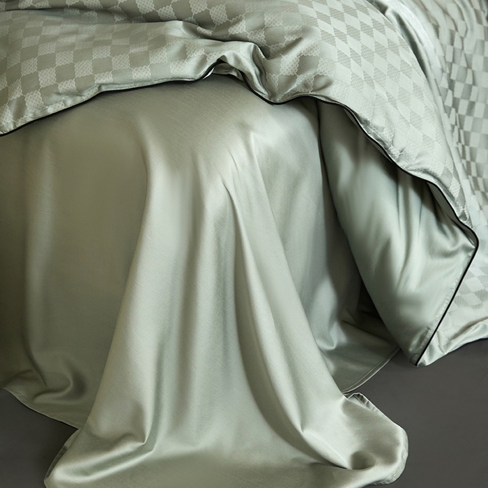 91家纺网 家纺一手货源 找家纺 群鹿蚕丝羽绒馆 2025新款天丝棉提花银线刺绣嵌条麻绳工艺-铂金简奢款四件套 铂金简奢-清禾梦华绿