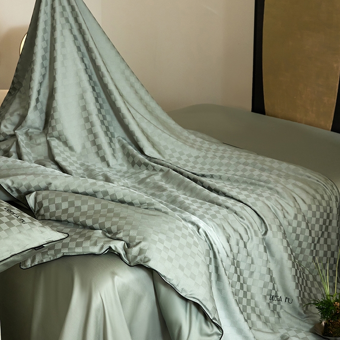 91家纺网 家纺一手货源 找家纺 群鹿蚕丝羽绒馆 2025新款天丝棉提花银线刺绣嵌条麻绳工艺-铂金简奢款四件套 铂金简奢-清禾梦华绿