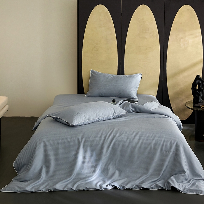 群鹿蚕丝羽绒馆 2025新款天丝棉提花银线刺绣嵌条麻绳工艺-铂金简奢款四件套 夏陌-冰雨蓝