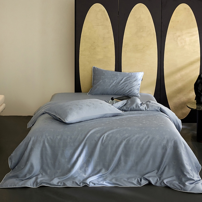 群鹿蚕丝羽绒馆 2025新款天丝棉提花银线刺绣嵌条麻绳工艺-铂金简奢款四件套 星辰-冰雨蓝