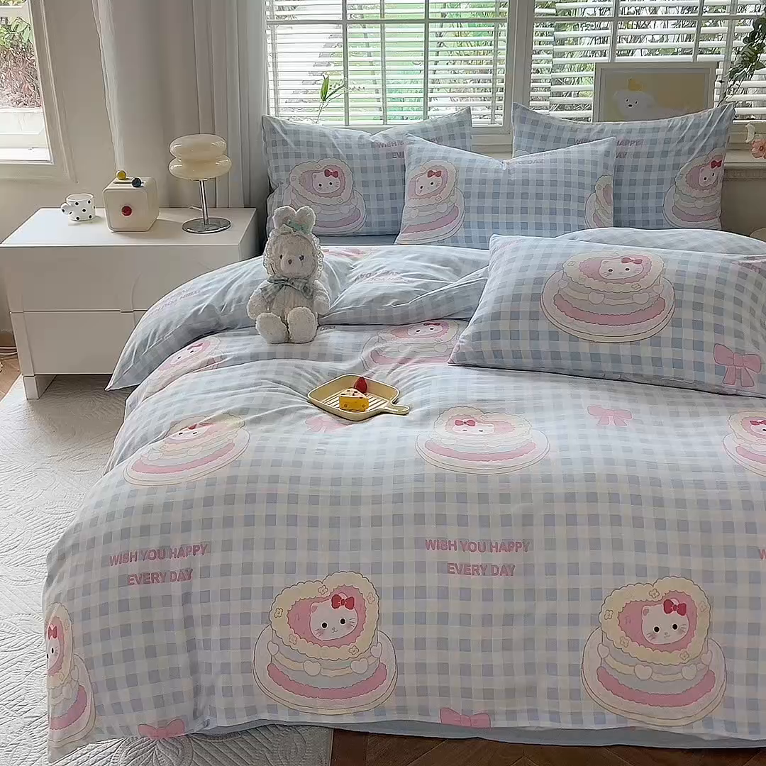 91家纺网 家纺一手货源 找家纺 多品家纺 2025新款超柔云感水洗棉学生单被套款 小派对猫