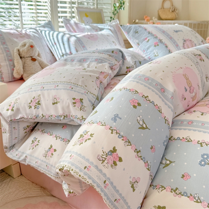 91家纺网 家纺一手货源 找家纺 多品家纺 2025新款超柔云感水洗棉学生单被套款 小兔兔庄园